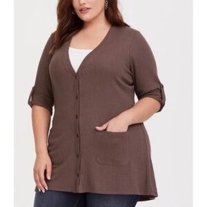 Torrid - Taupe Longline Short Sleeve Open Front Taupe Brown Ribbed Cardigan - 2X